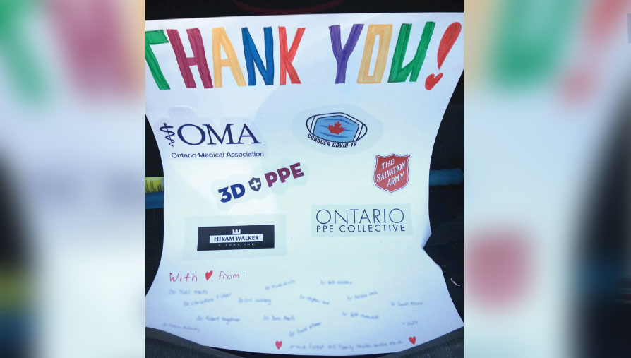 Physicians made a thank you card for the OMA and sponsors of a Toronto PPE drive. 