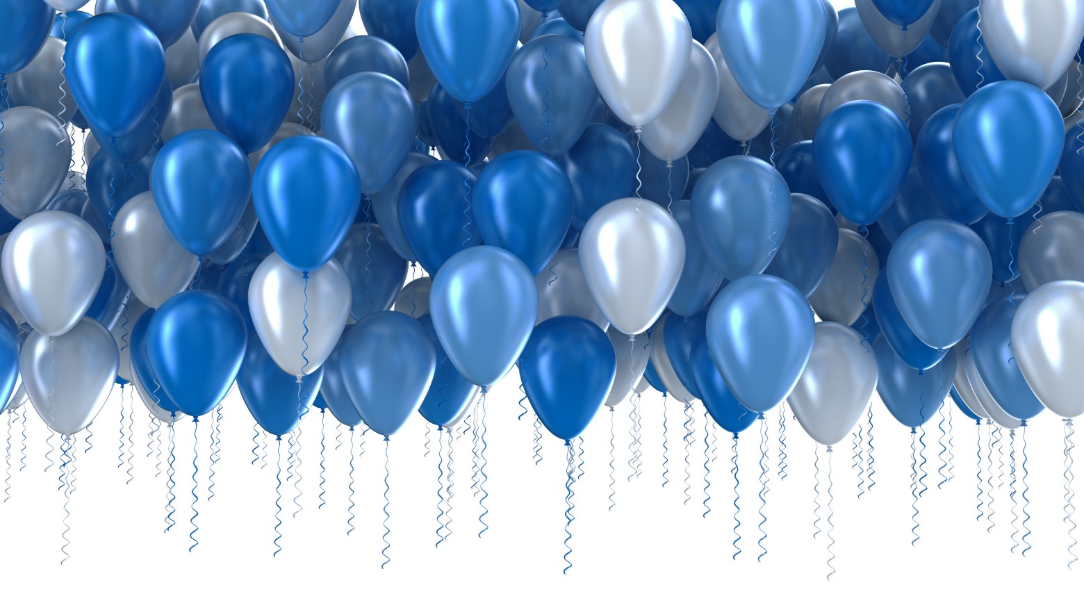 A large cluster of blue, white, and silver balloons with curly ribbons attached, floating against a white background.