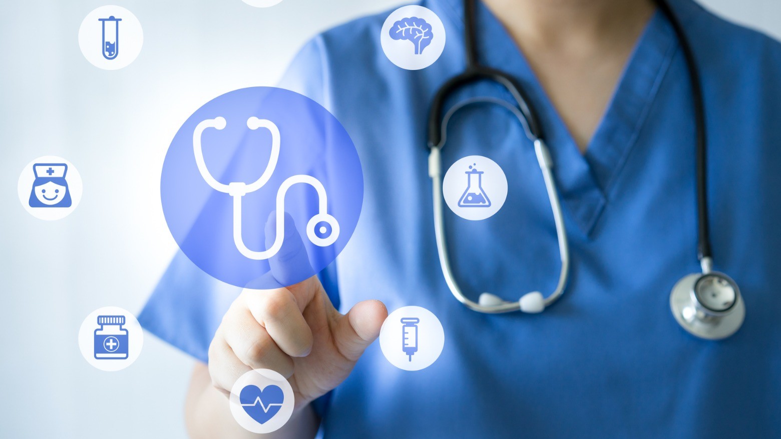Copilot said: Close-up of a clinician in blue scrubs with a stethoscope using a digital interface, surrounded by healthcare and medical icons such as a stethoscope, heart monitor, syringe, and lab equipment, representing digital health and technology integration in clinical care.