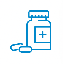 Blue outline icon of a prescription medicine bottle with a medical cross on the label and two capsules beside it.