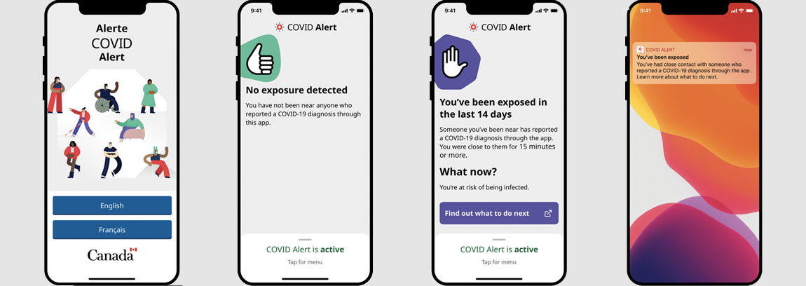 Screenshots of the COVID alert mobile app