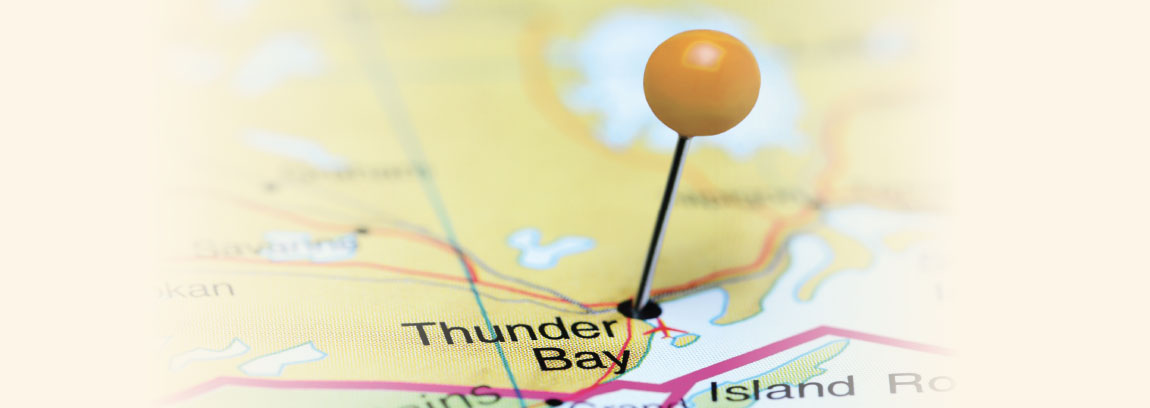 A map with a pin placed on Thunder Bay, Ontario