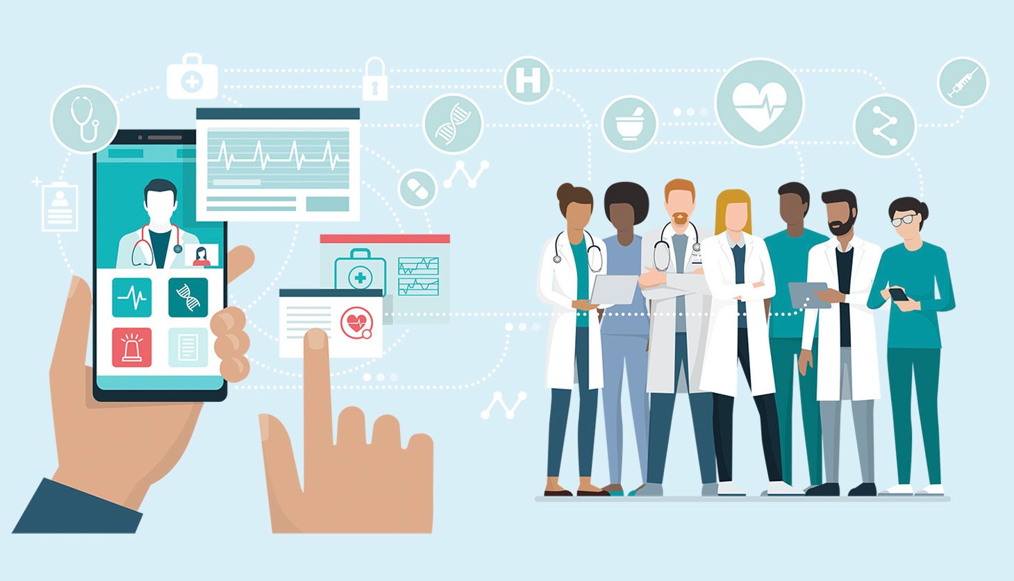 A digital health concept with a hand interacting with a smartphone displaying medical information and icons. On the right side, a group of healthcare professionals, including doctors and nurses, stand together. The background features various medical icons such as heart rate monitors, stethoscopes, and hospital symbols connected by dotted lines.