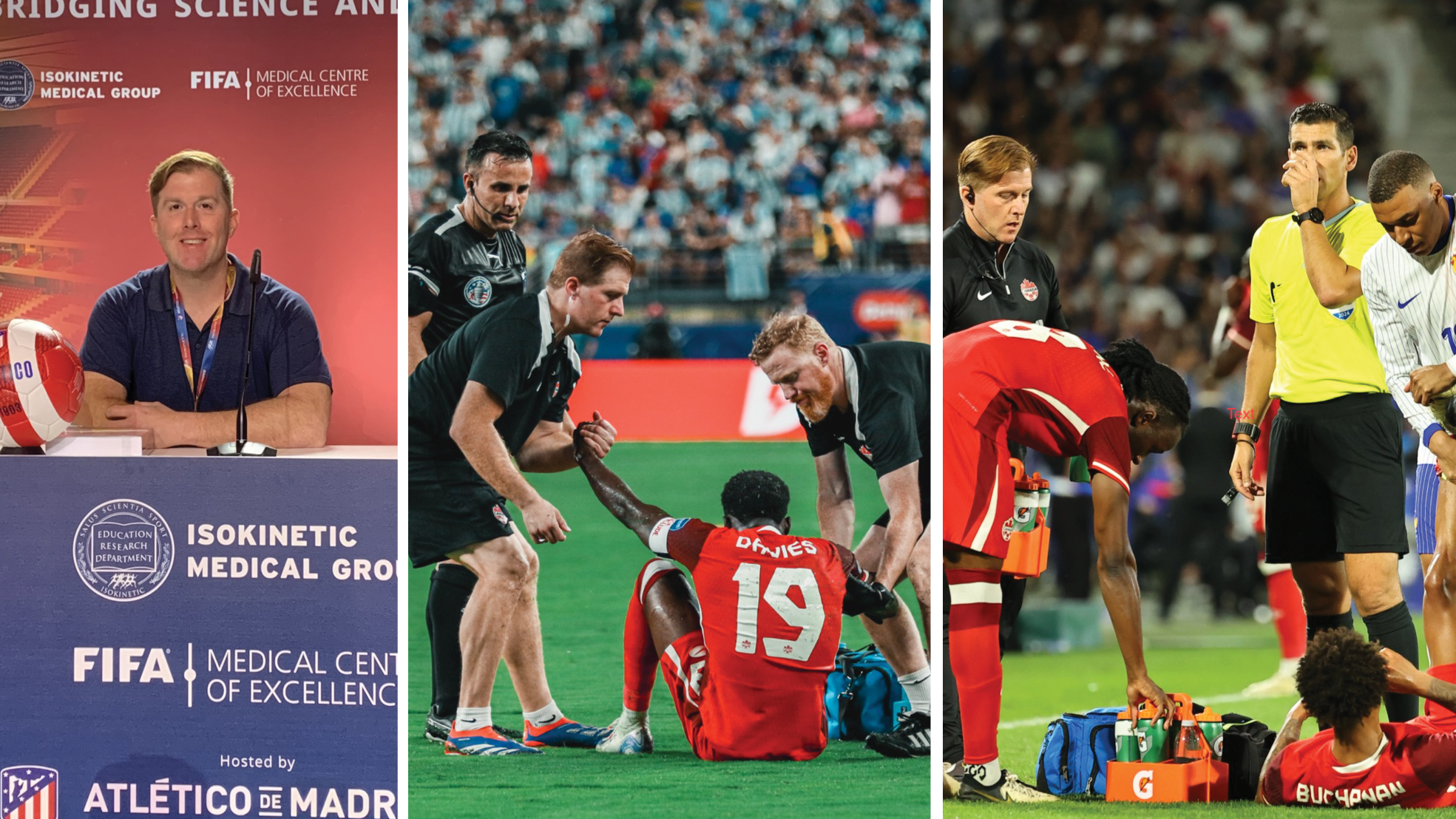 Three-image collage showing sports medicine in soccer: a speaker seated at a podium in front of a backdrop reading “Isokinetic Medical Group” and “FIFA Medical Centre of Excellence”; in-game medical staff assisting an injured player wearing a red jersey on the field; and sideline staff attending to another player while match officials stand nearby, with a crowded stadium in the background.