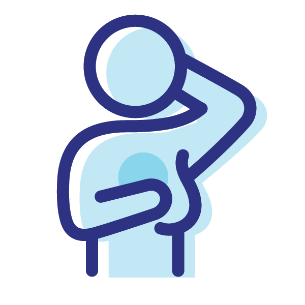 Blue and white graphic icon of a person with breast cancer.
