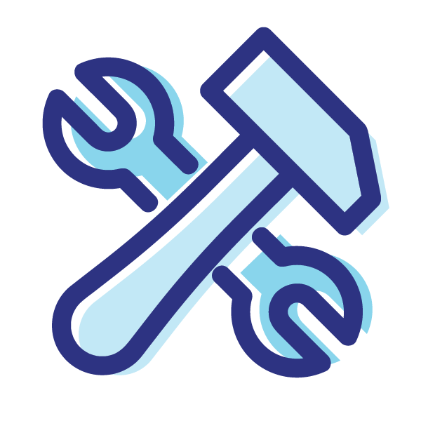 Blue and white graphic icon of a hammer and wrench.