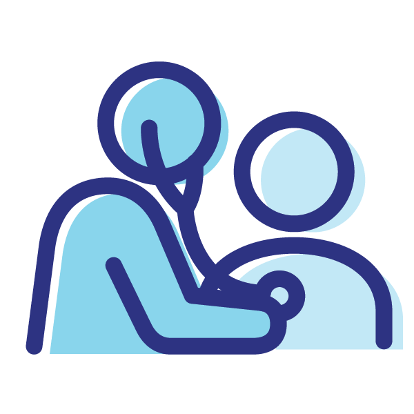 Blue and white graphic icon of a doctor checking a patient's heartbeat.