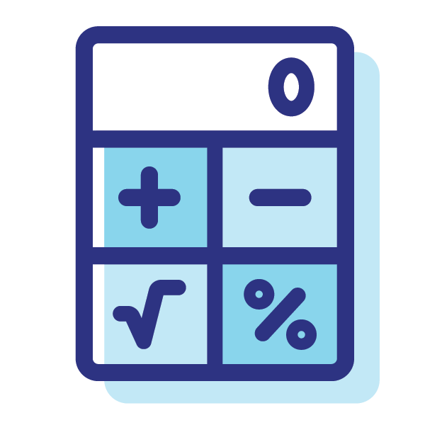 Blue and white graphic icon of a calculator.
