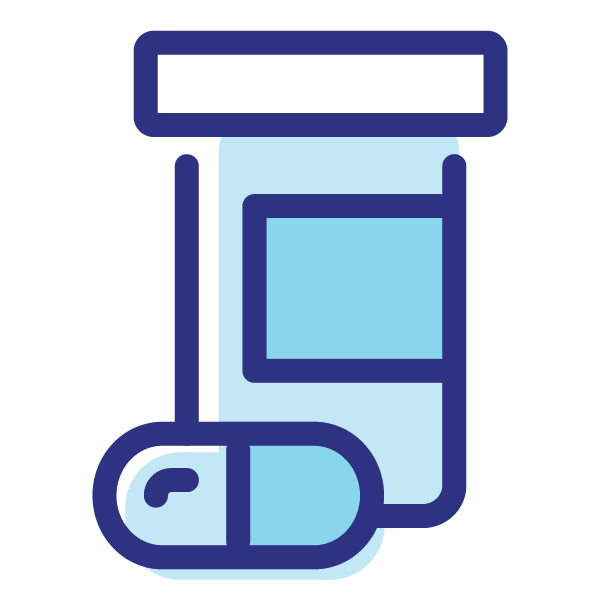 Blue and white graphic icon of a medicine pill bottle.