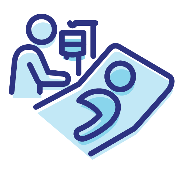 Blue and white graphic icon of a physician tending to a patient bedside
