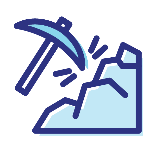 Blue and white graphic icon of a pick mining stone