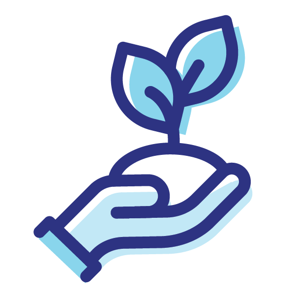 Blue and white graphic icon of a hand holding a growing plant