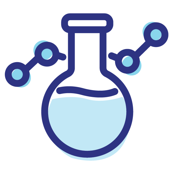 Blue and white graphic icon of a science beaker