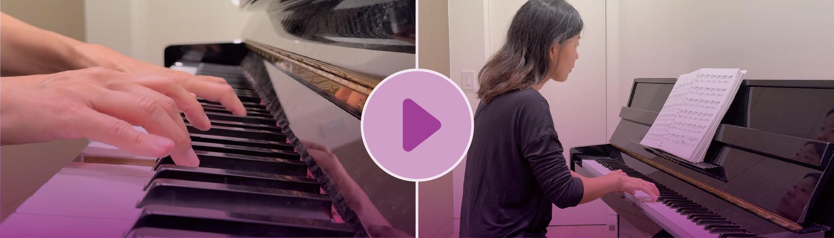 Video thumbnail showing Dr. Zhou playing an upright piano, with a close-up view of hands on piano keys on the left and a wider view of the pianist reading sheet music on the right, overlaid with a play button icon.