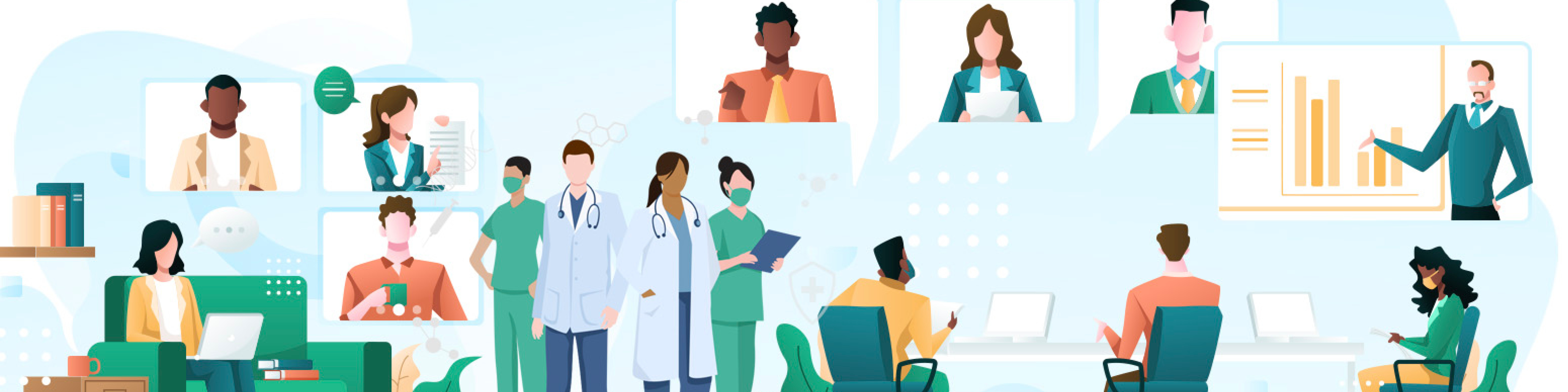 Illustrated banner showing healthcare professionals, learners, and presenters connected through virtual meeting screens and online learning environments, with people collaborating at computers and participating in educational sessions on a light blue background.
