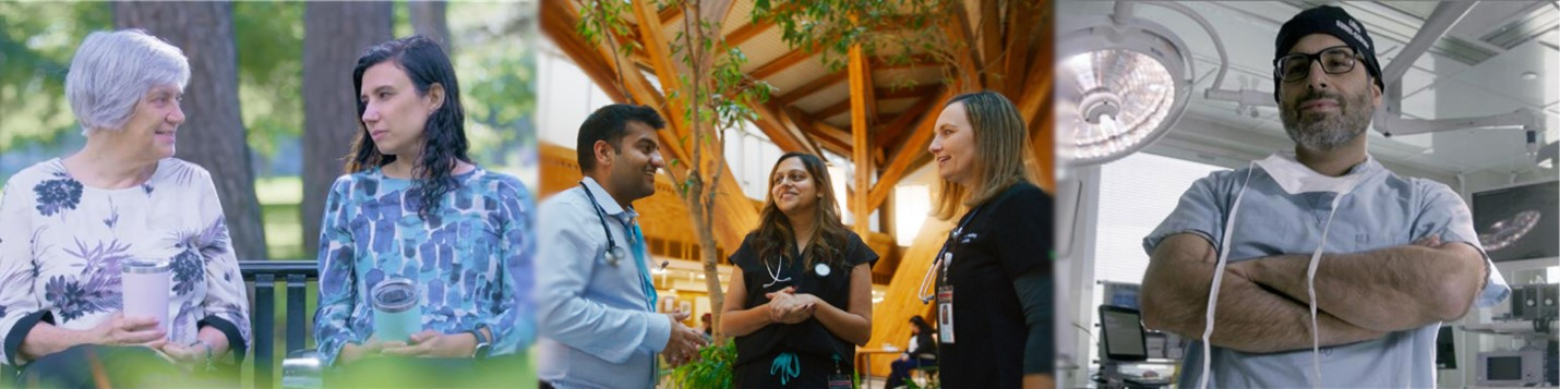 Screenshots from the latest Centred on Care campaign video show groups of physicians having conversations.