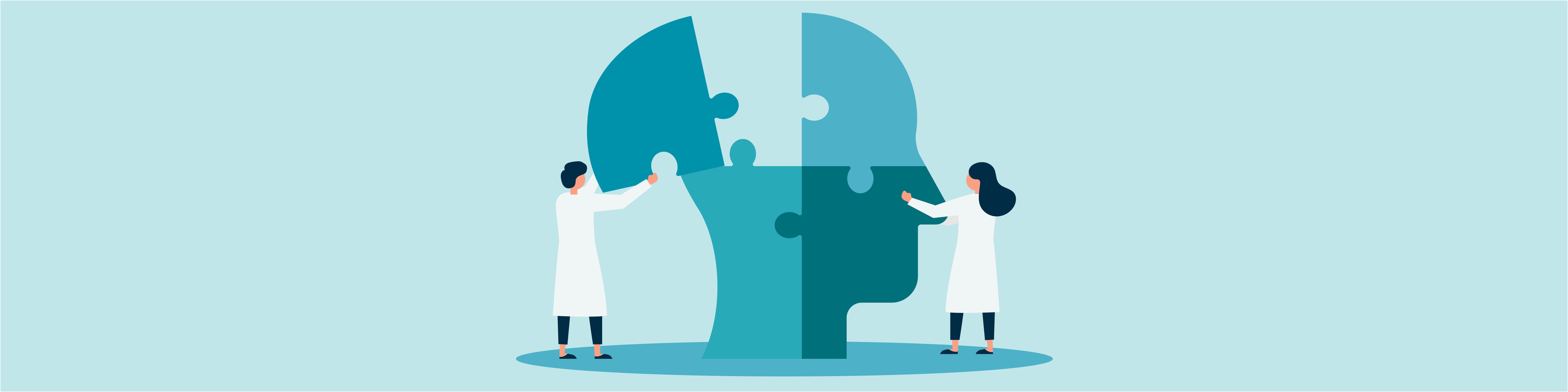 In an illustration, two doctors assemble large puzzle pieces that, together, form the shape of a large human head.
