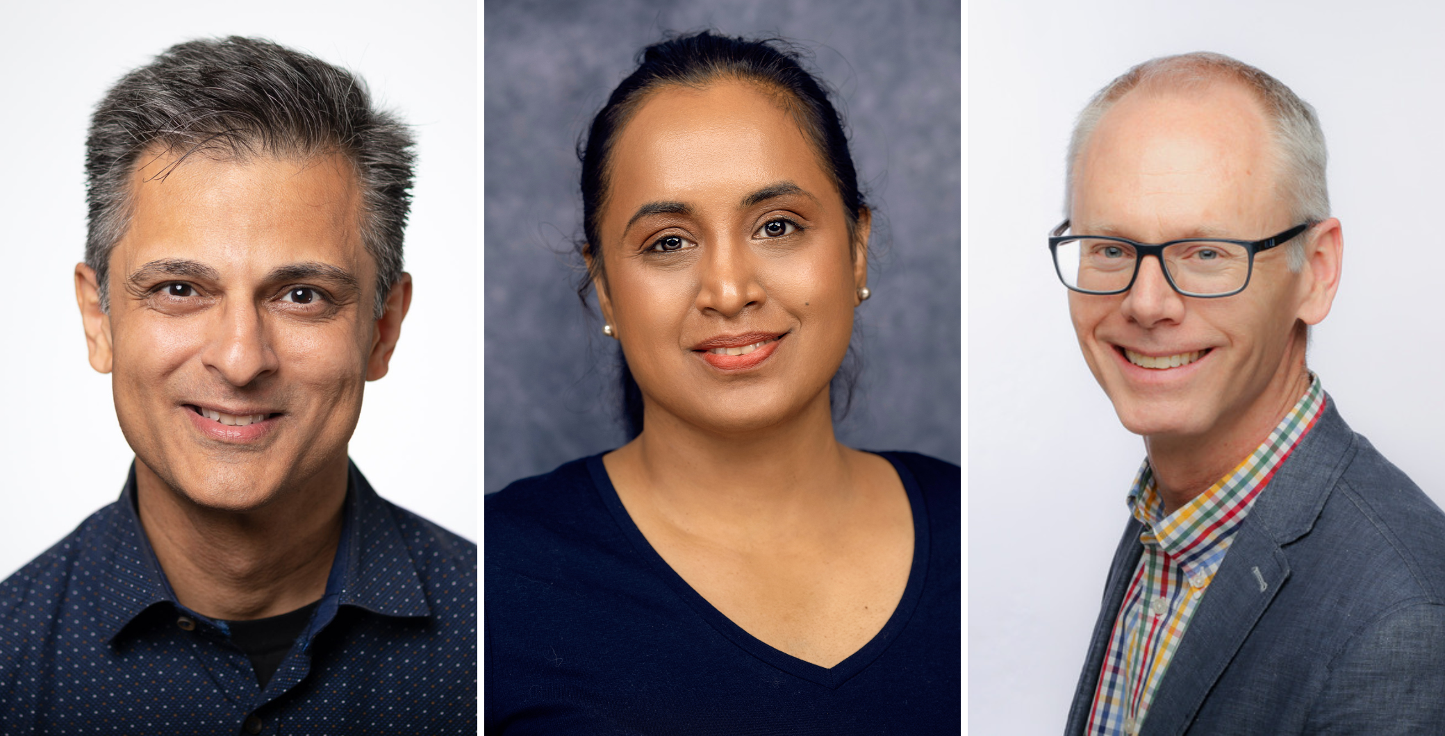A collage of three physicians: Dr. Muhammad Mamdani, Dr. Usha Parthasarathi, and Dr. Darren Larsen
