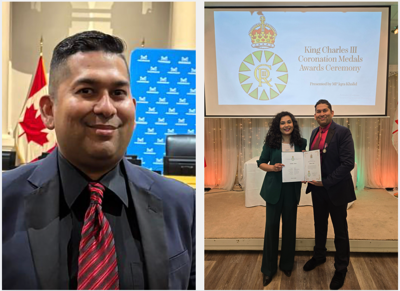 A photo collage featuring a headshot of Dr. Farhan Asrar on the left; and on the right, Dr. Asrar receives the King Charles III Coronation Medal from Mississauga-Erin Mills MP Iqra Khalid.