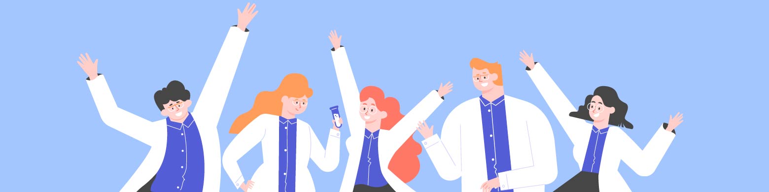 Illustration of five doctors joyously raising their arms in the air together across the screen