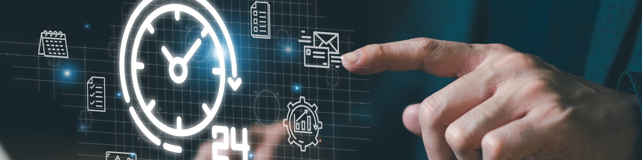 Person pointing at various icons, calendar, clock, graphs