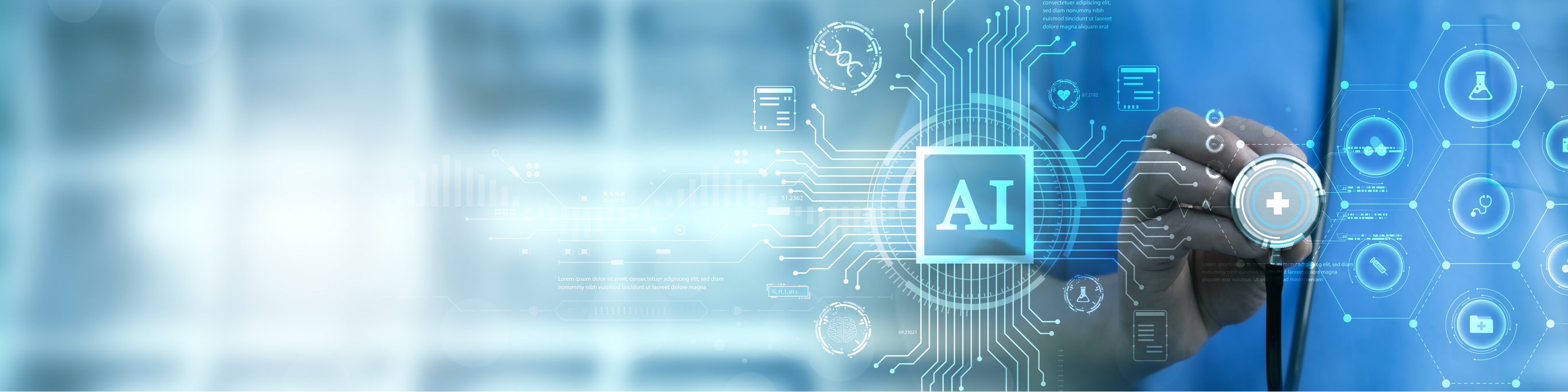 A banner with different shades of blue features the chest and right arm of a physician on the right side, wearing blue scrubs and holding a the flat side of a stethoscope to the camera. In the centre of the banner are the words ‘AI’ with a blue square around it. 