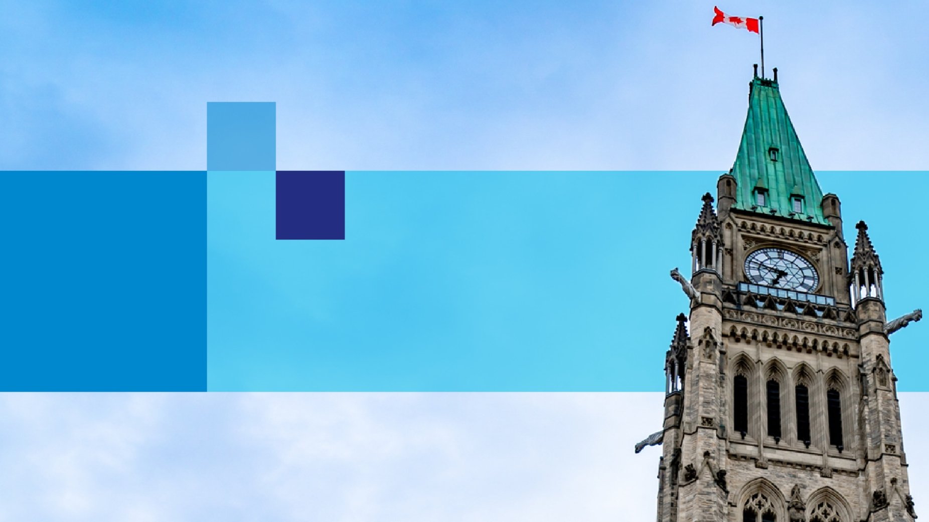 The Peace Tower of the Centre Block of the Canadian parliament buildings is seen against a blue banner.