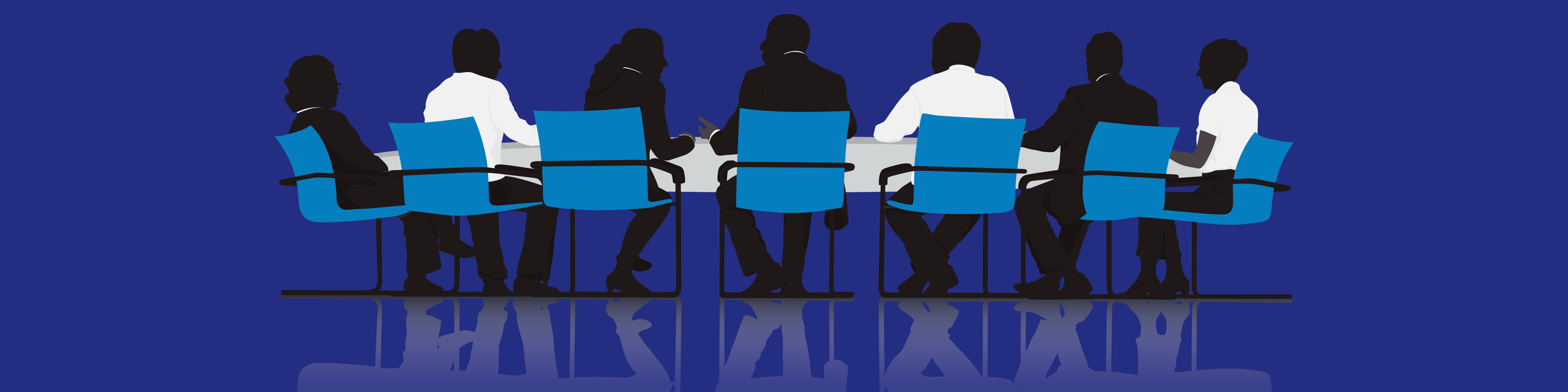 In an illustration, people sit at a long desk and talk to each other