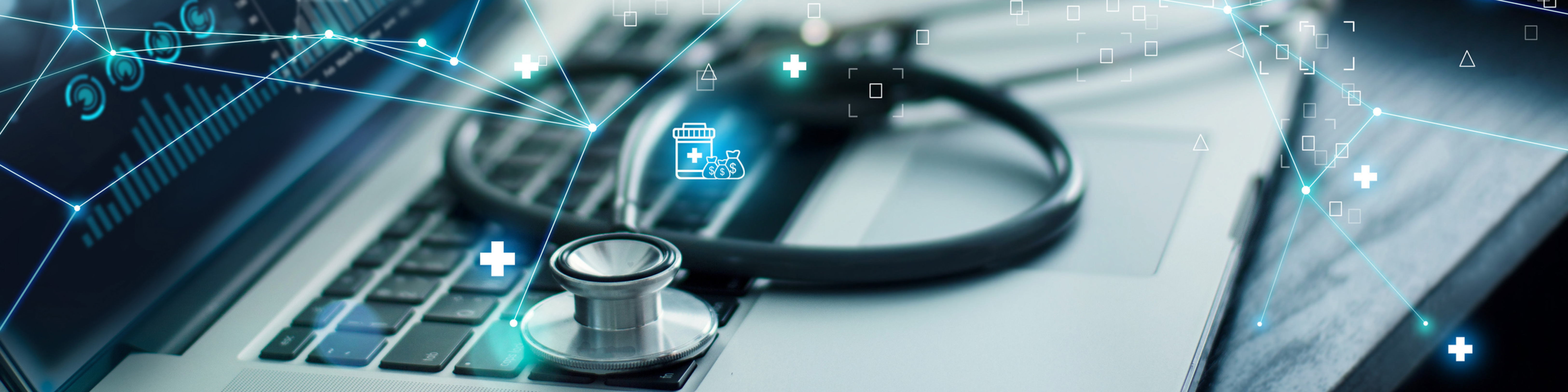 A stethoscope rests on a laptop keyboard in front of a design of lines, dots and other technology icons.