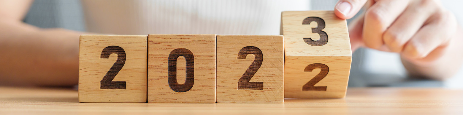 Wooden blocks with the year 2023 are seen here.