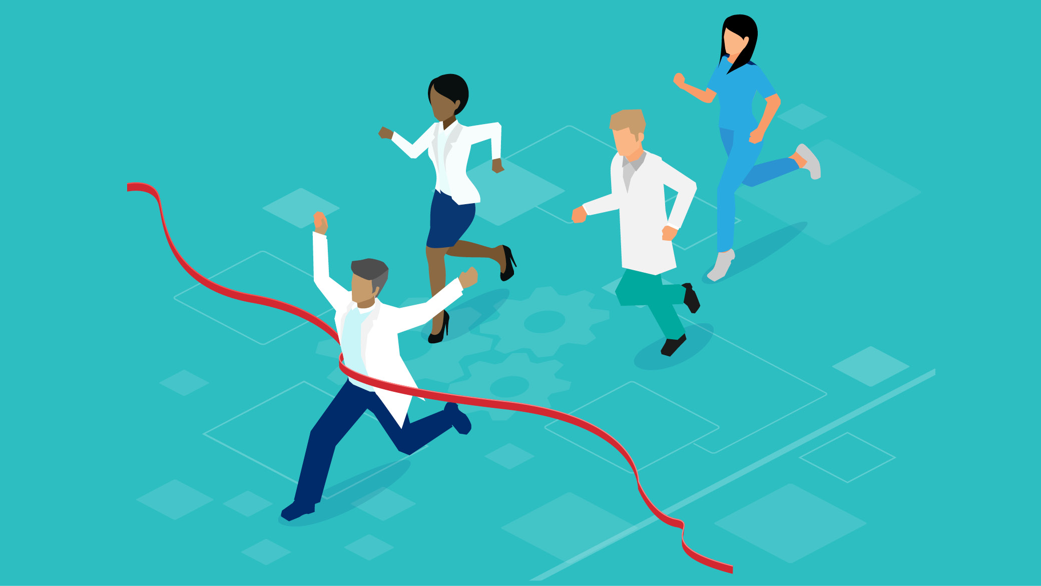 Illustration of doctors running in a race and across the finish line