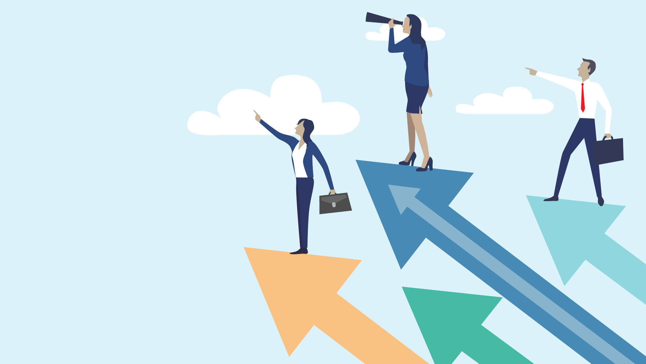 Illustration of businesspeople standing on arrows pointing upwards
