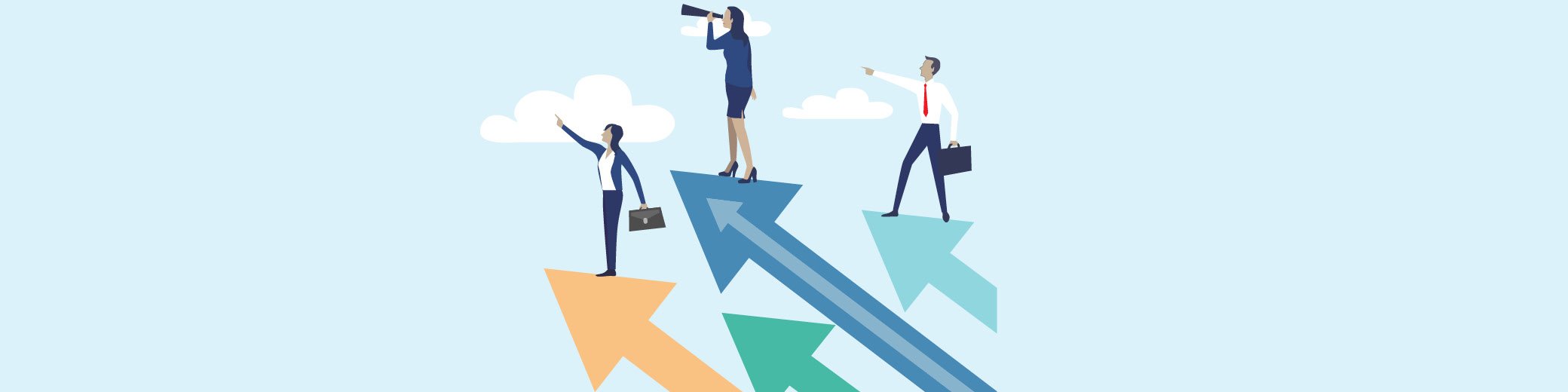 Illustration of businesspeople standing on arrows pointing upwards