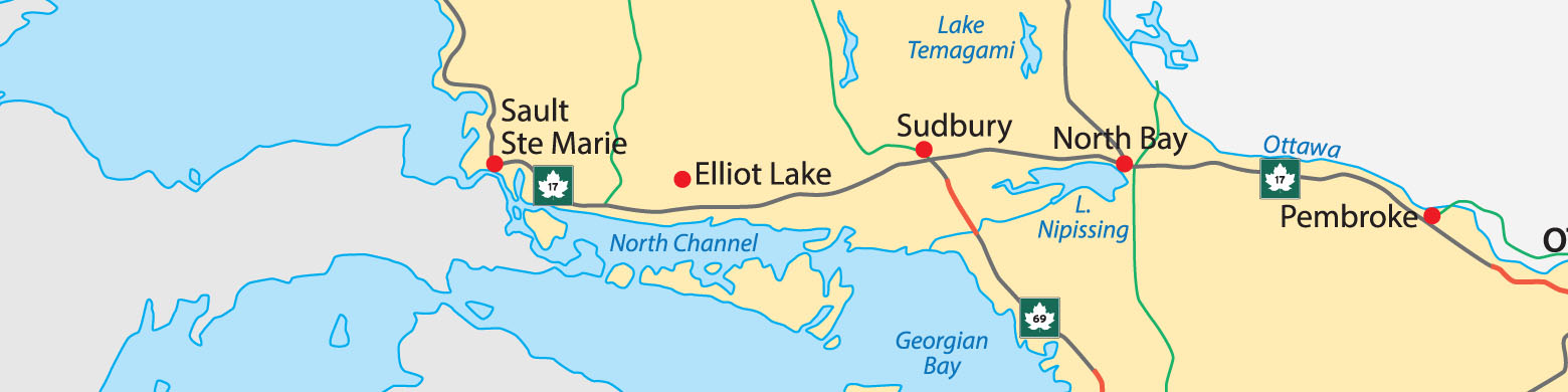 Map on Ontario featuring Sault Ste Marie, Elliot Lake, Sudbury, North Bay, Pembroke.
