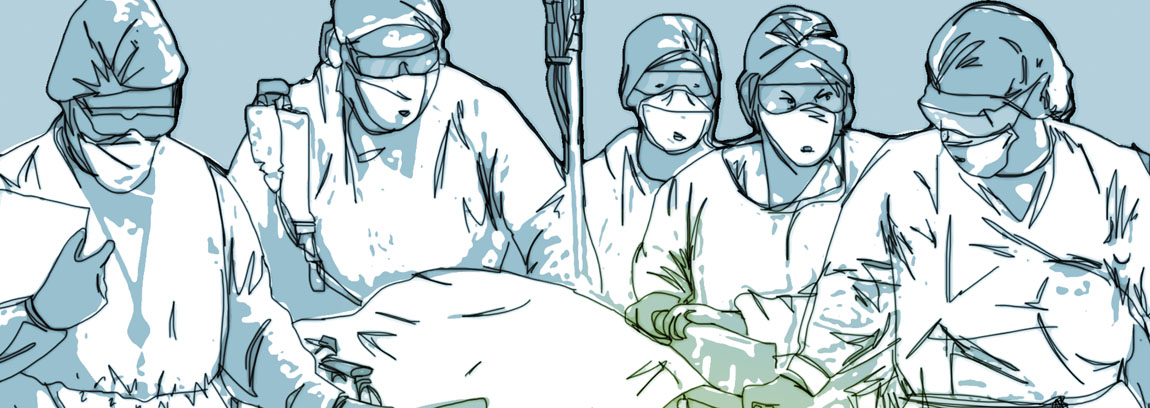 Illustration of doctors aiding a patient in a hospital bed
