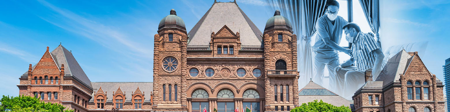  Queen's park  legislative buildings with an image of a health-care worker  overlayed